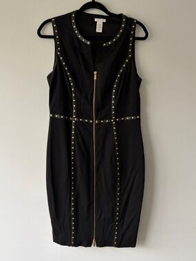 VTG Cache Studded Faux Leather Zip Front Bodycon Sheath Dress Black Gold Y2K 12